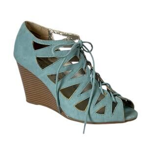 Jun & Ivy Kirra Wedge 4” Heel Sandal Lace Up Open Toe Light Blue Suede Size 7.5M